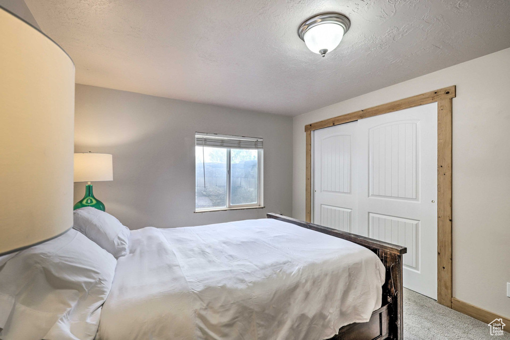 Bedroom featuring carpet flooring, a closet, and a textured ceiling