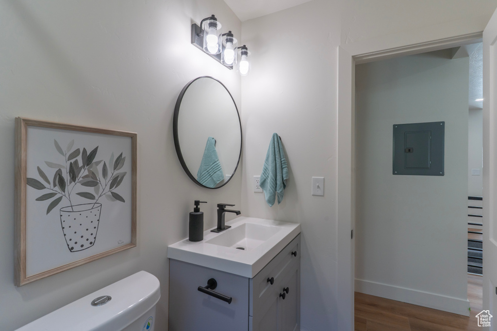 Bathroom featuring electric panel, vanity, and wood finished floors