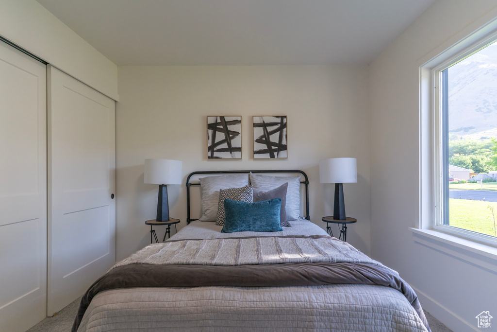 Carpeted bedroom with a closet and baseboards