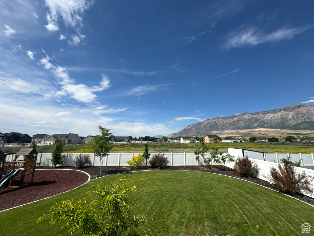 Fenced backyard with a mountain view and a residential view