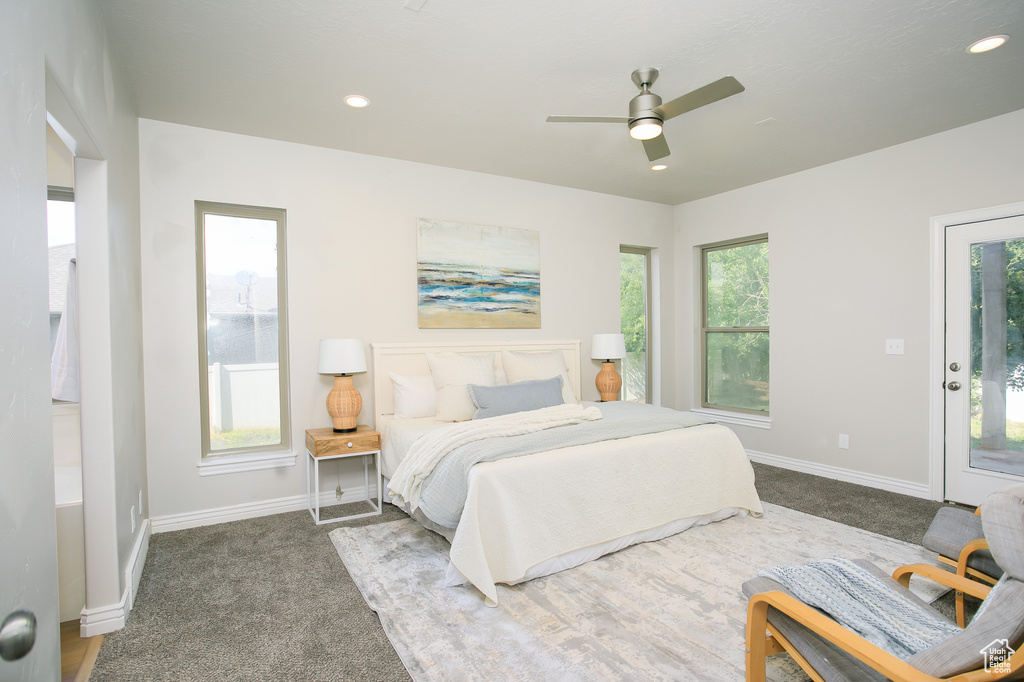Carpeted bedroom with access to outside, recessed lighting, and a ceiling fan