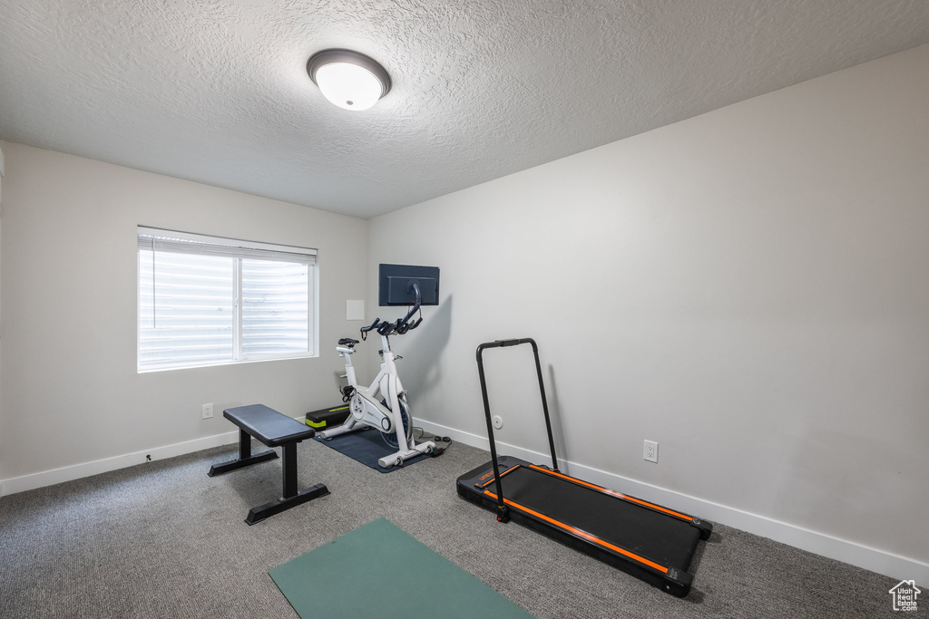 Workout room featuring a textured ceiling and carpet floors