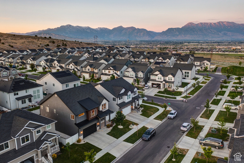 Aerial perspective of suburban area with mountains