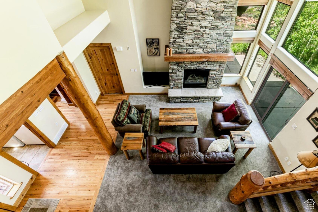 Living room featuring wood finished floors, a towering ceiling, and a fireplace