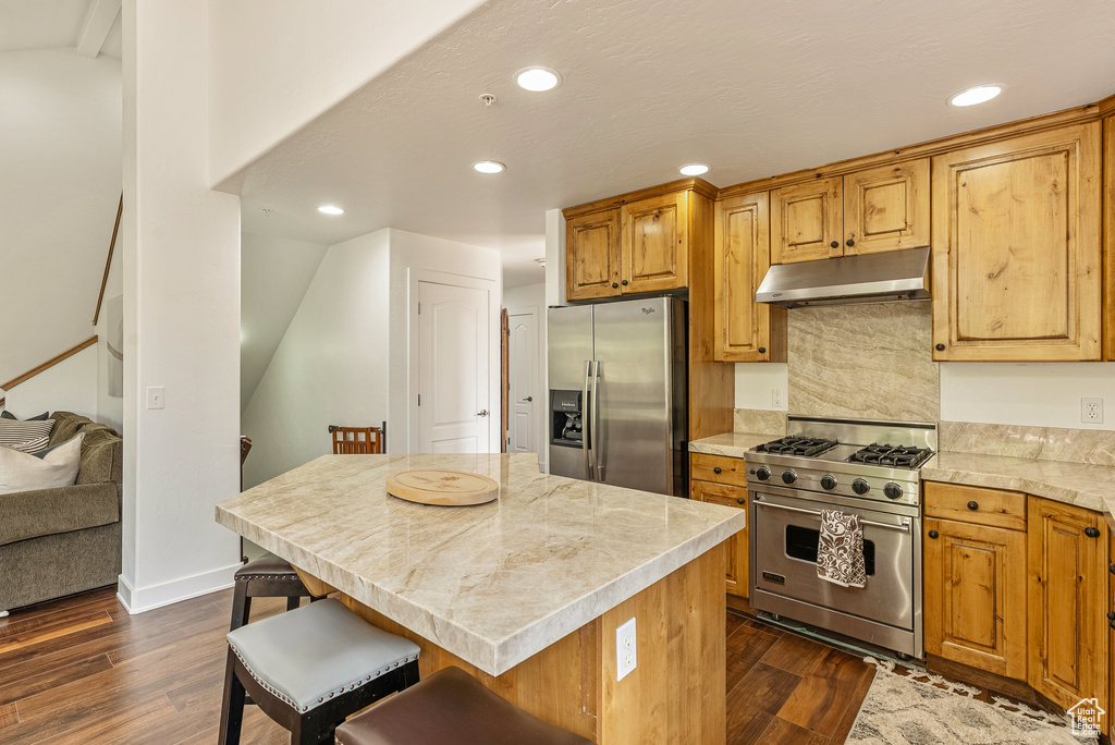 Kitchen featuring appliances with stainless steel finishes, under cabinet range hood, dark wood-style flooring, light countertops, and recessed lighting