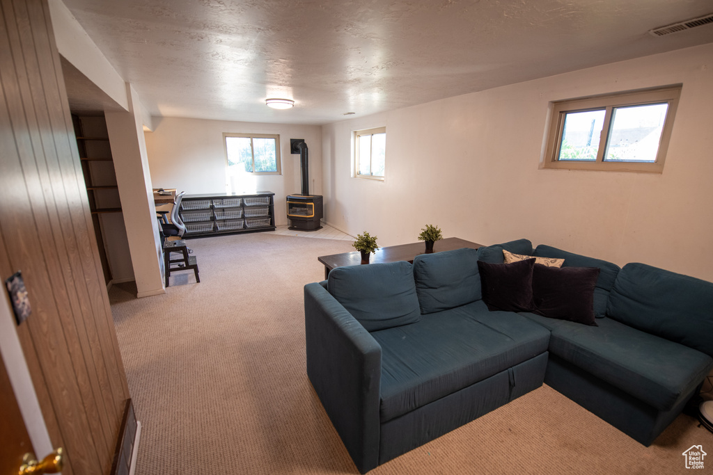 Carpeted living area featuring a wood stove