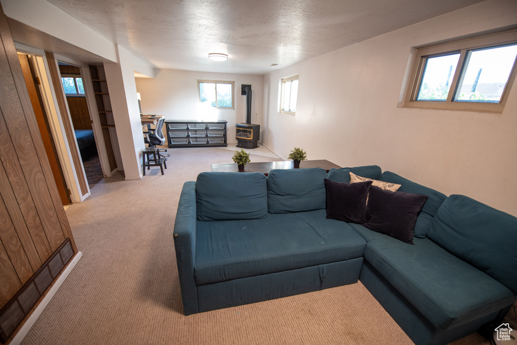 Living room featuring carpet floors and a wood stove
