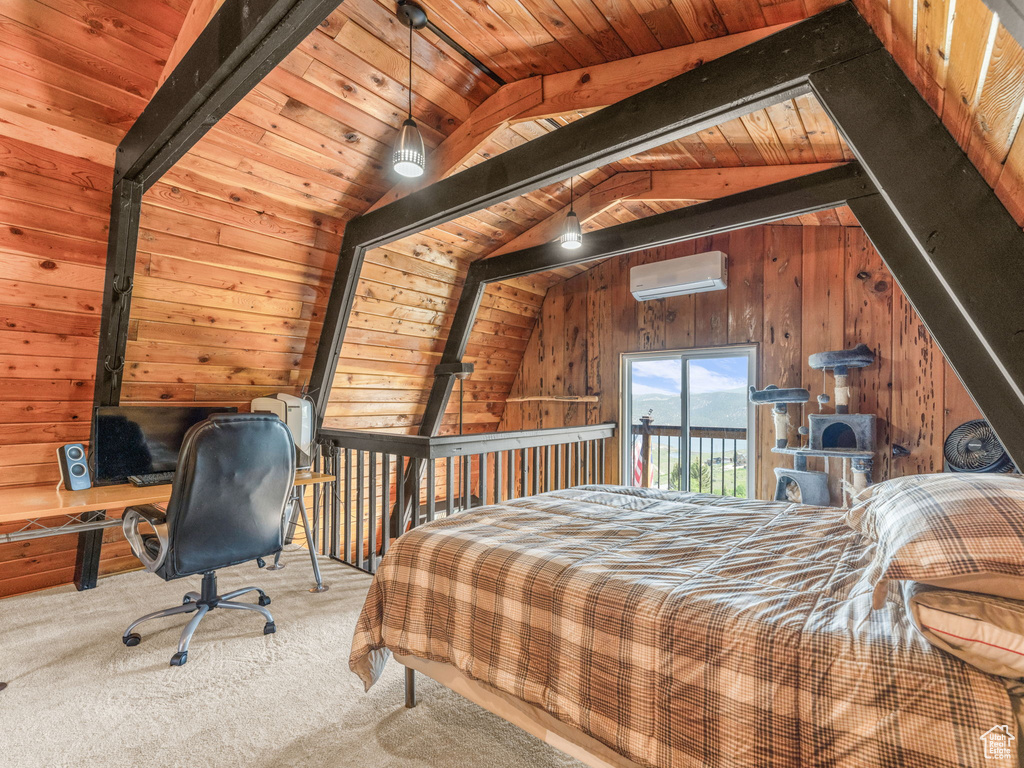 Carpeted bedroom with a wall unit AC, access to outside, wooden ceiling, and wooden walls