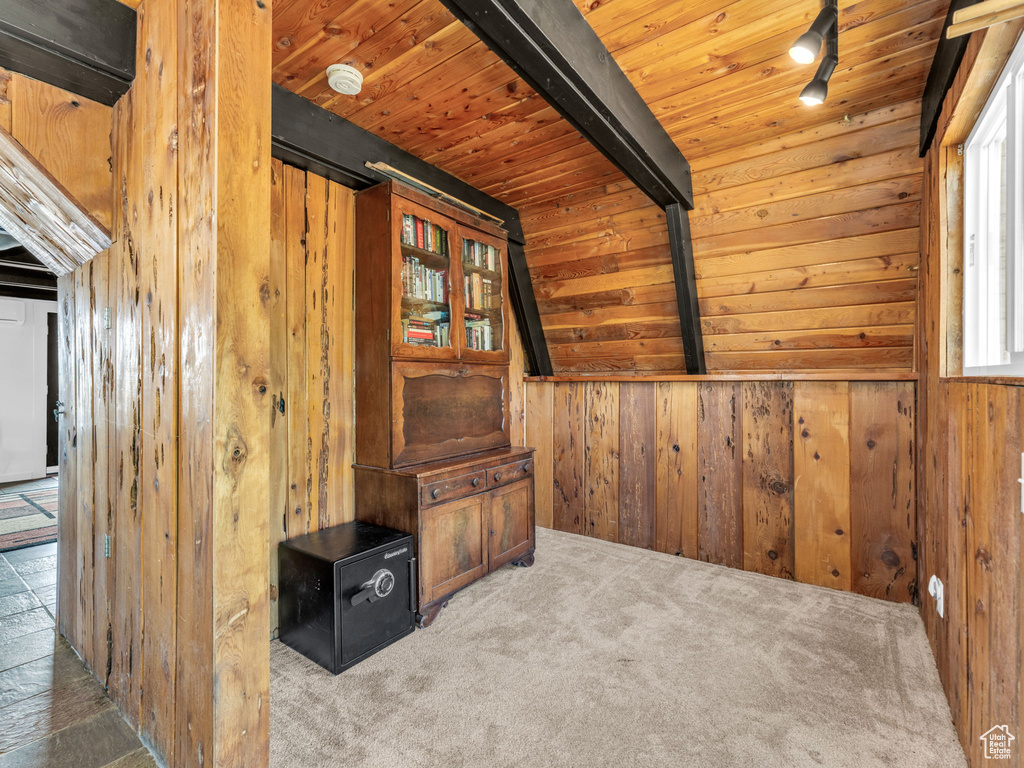 Interior space featuring wood walls, wood ceiling, and carpet floors
