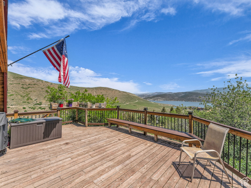 Deck with a water and mountain view