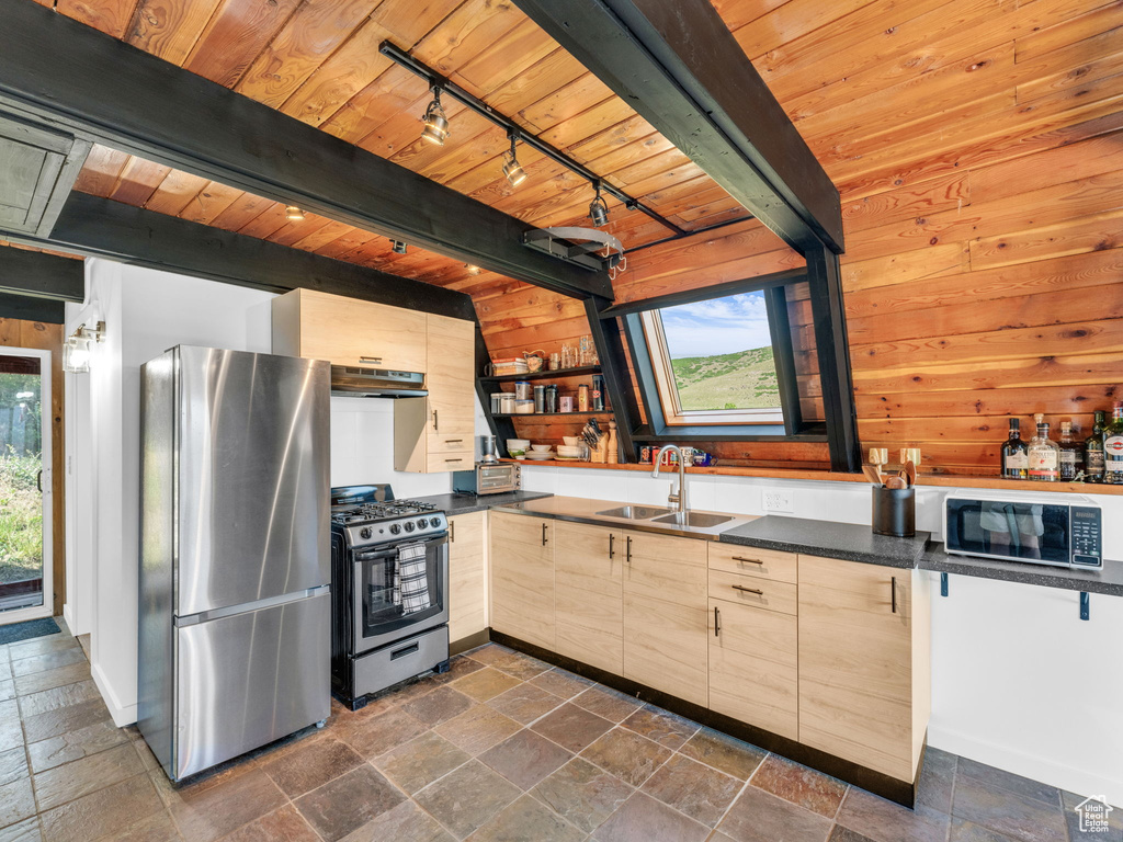Kitchen with appliances with stainless steel finishes, a wooden ceiling with exposed beams, plenty of natural light, rail lighting, and light brown cabinetry