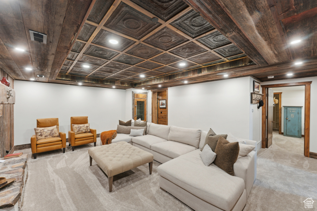 Cinema featuring light colored carpet and recessed lighting