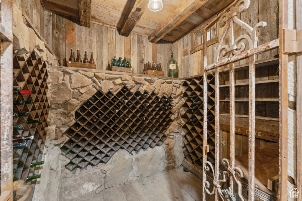 Wine cellar with wood ceiling