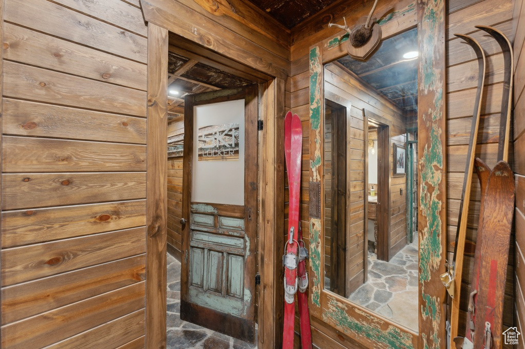 Corridor with wood walls