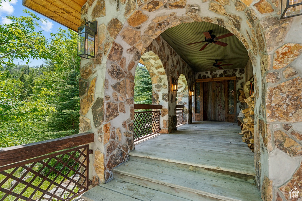 Wooden deck with ceiling fan