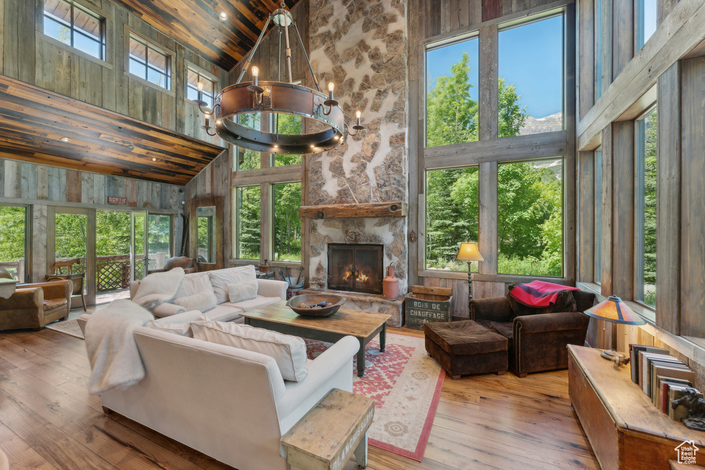 Living room with high vaulted ceiling, hardwood / wood-style flooring, a fireplace, wooden ceiling, and wood walls