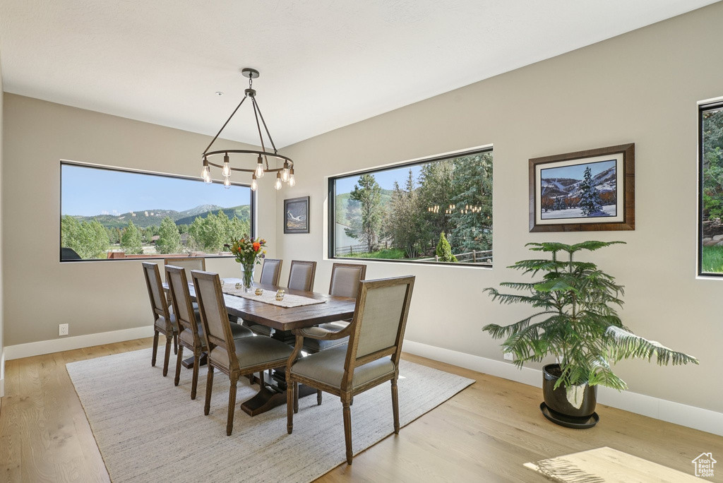 Dining room with a chandelier and light wood-type flooring