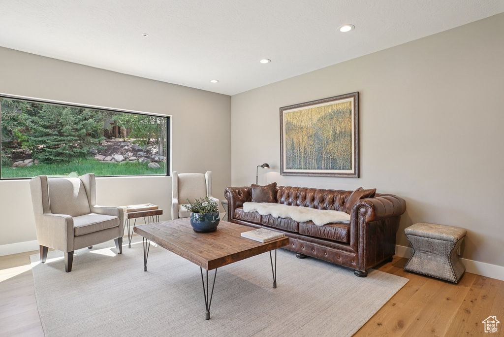 Living room featuring recessed lighting and light wood-type flooring