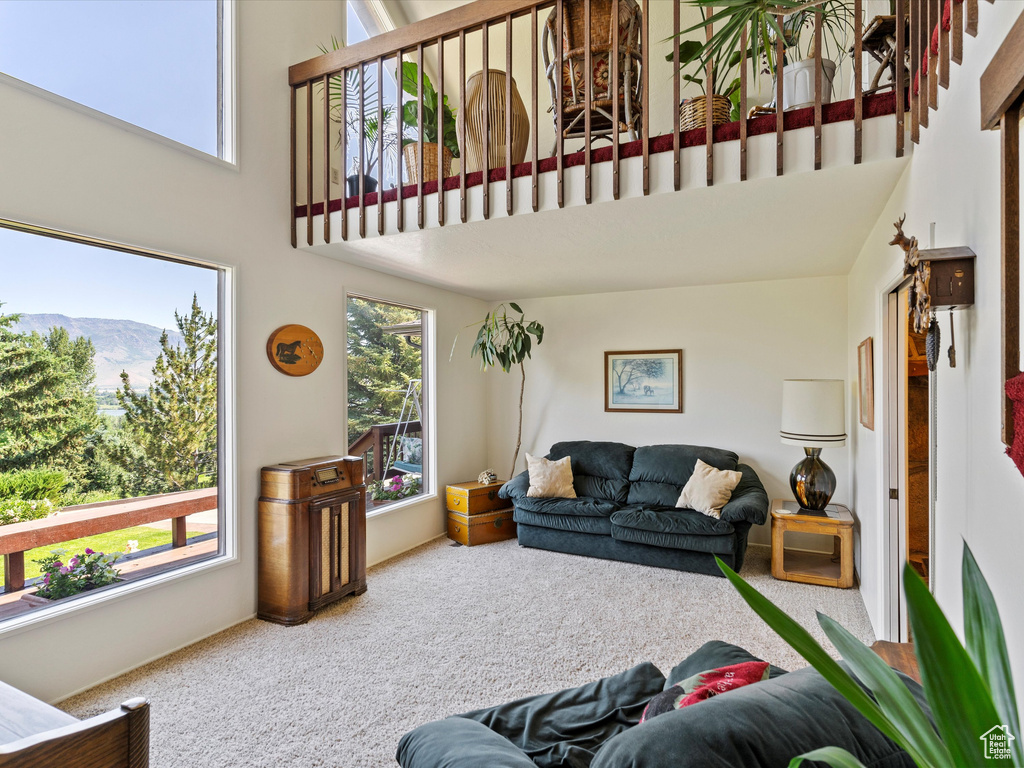Carpeted living area featuring a high ceiling and a mountain view