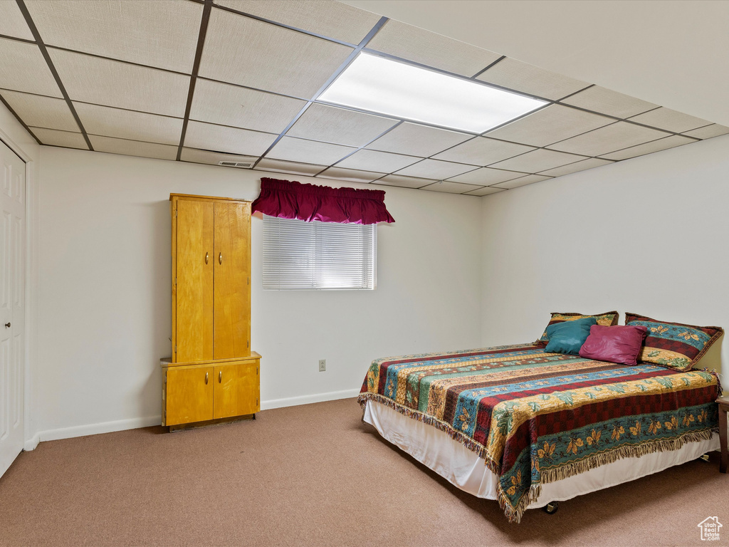 Bedroom featuring carpet flooring and a drop ceiling