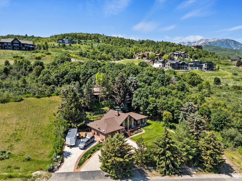 Aerial view of a heavily wooded area and a mountainous background