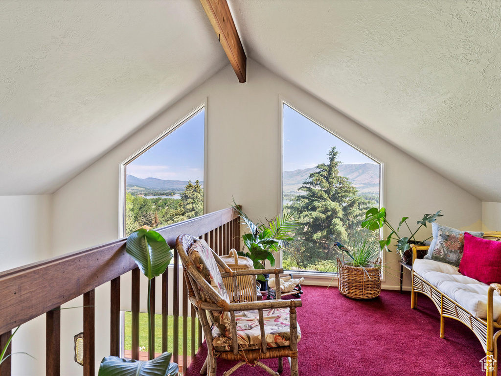 Carpeted living area with a textured ceiling and a mountain view