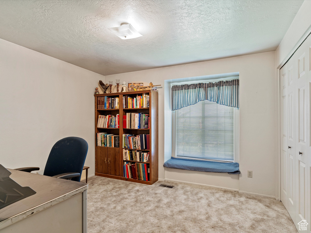 Carpeted office with a textured ceiling and baseboards