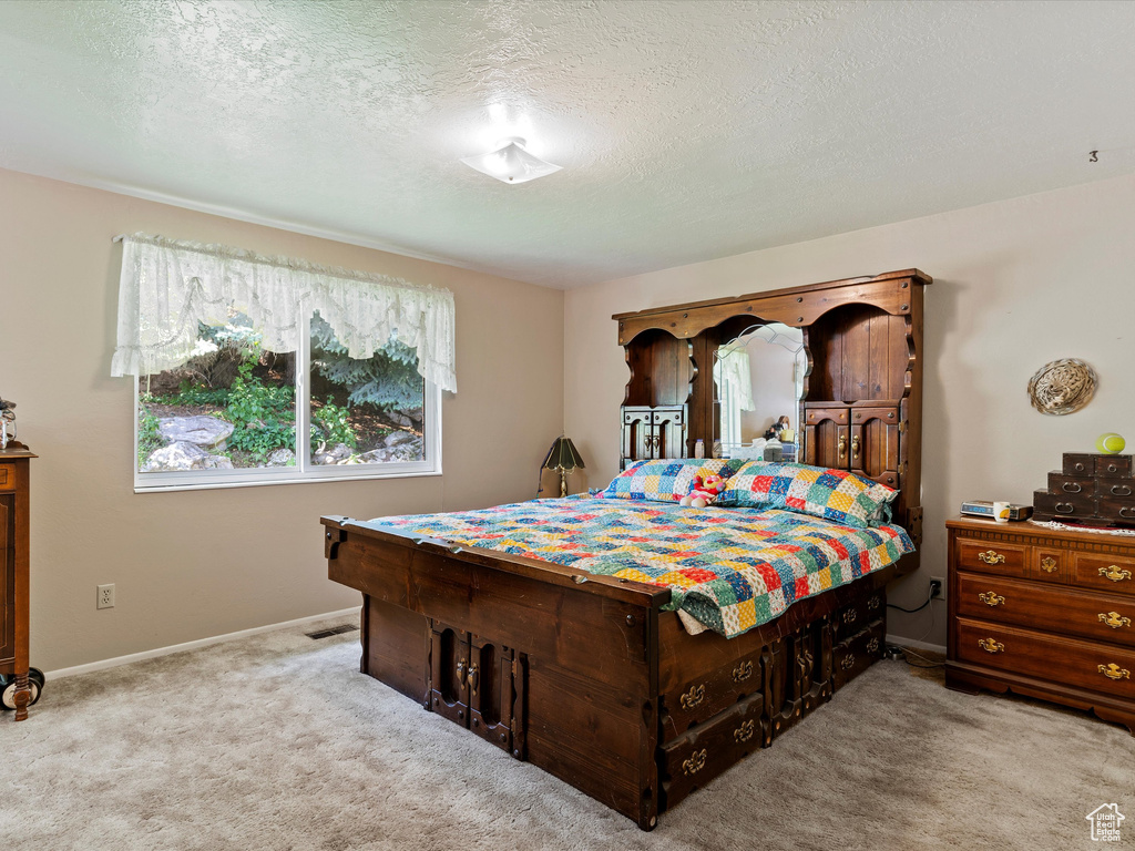Bedroom with carpet floors and a textured ceiling