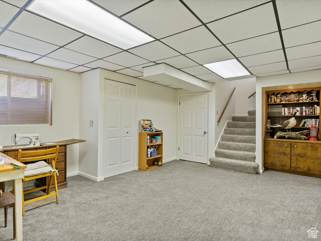 Basement with stairs, carpet floors, and a drop ceiling