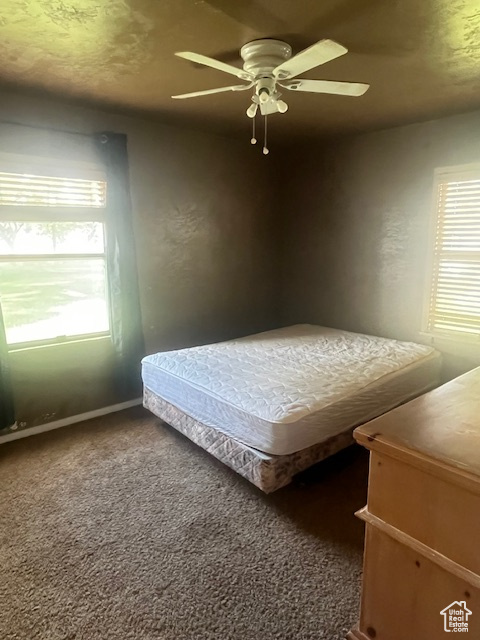Bedroom with carpet floors and a ceiling fan