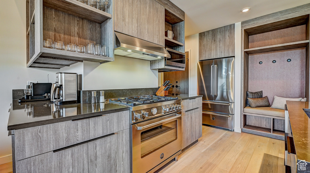 Kitchen with open shelves, premium appliances, modern cabinets, ventilation hood, and light wood finished floors