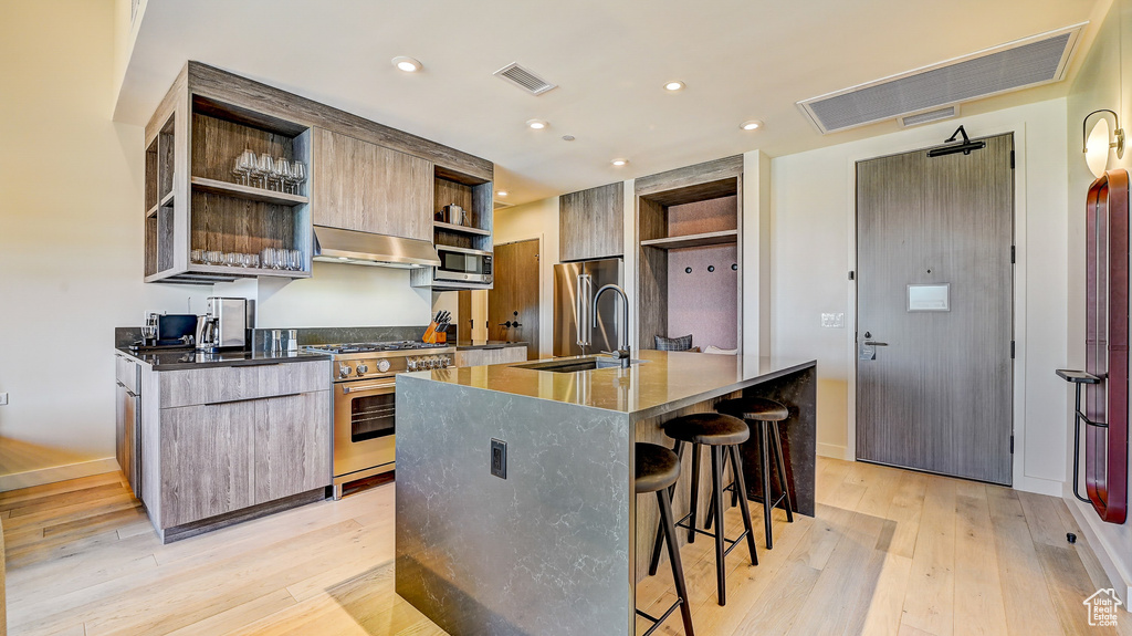 Kitchen featuring open shelves, high end appliances, range hood, modern cabinets, and light wood-style flooring