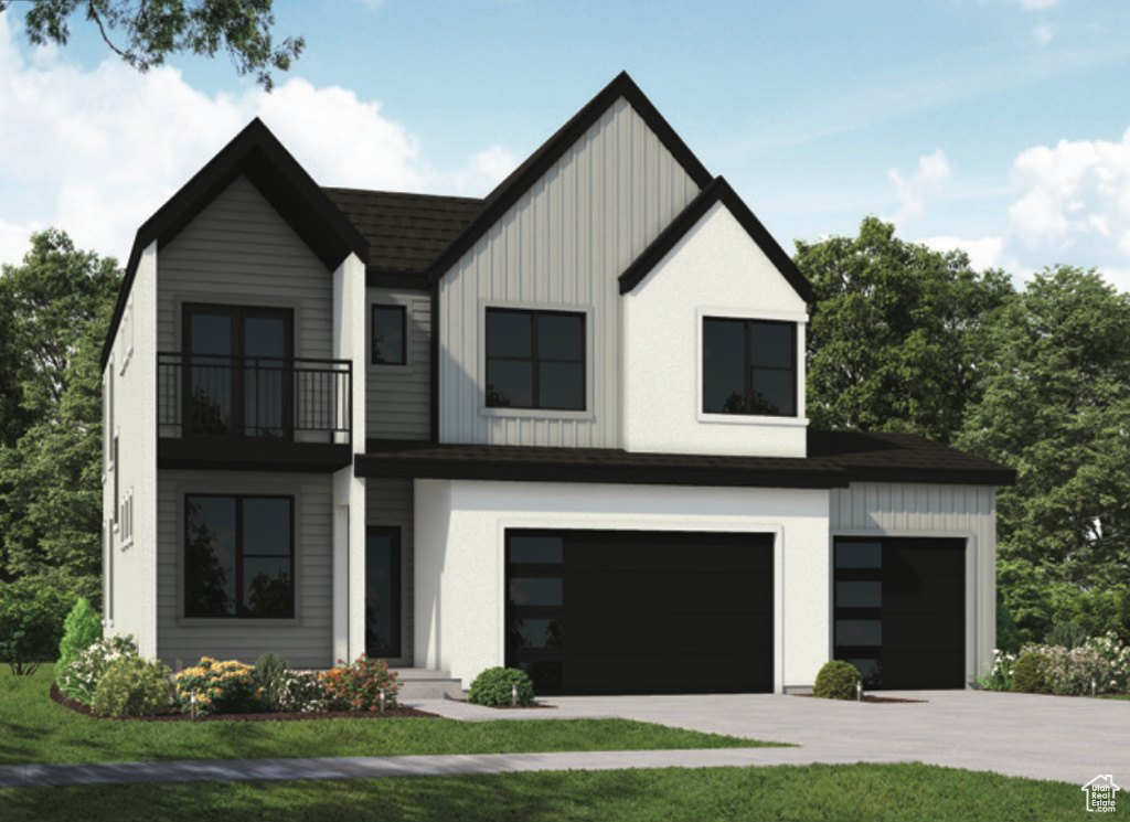 Modern inspired farmhouse featuring a balcony, board and batten siding, an attached garage, and a front yard
