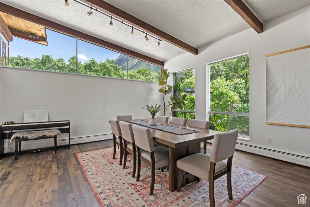 Sunroom featuring rail lighting, a baseboard heating unit, and plenty of natural light