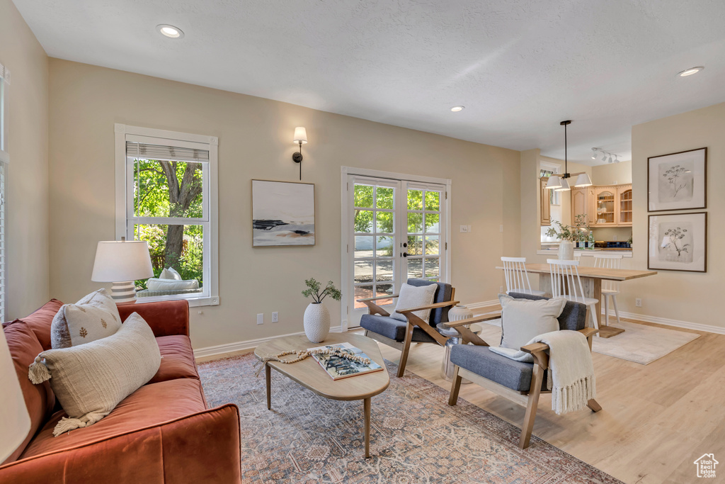 Living area with light wood finished floors and recessed lighting