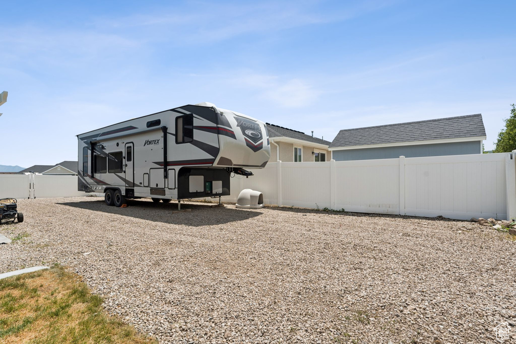 Back of property with a fenced backyard