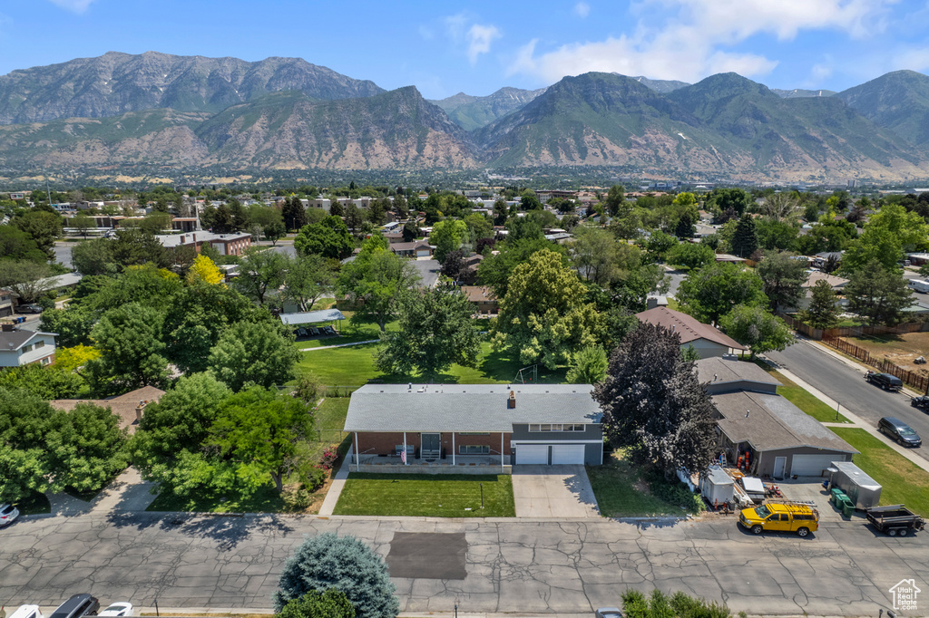Aerial view of residential area with mountains
