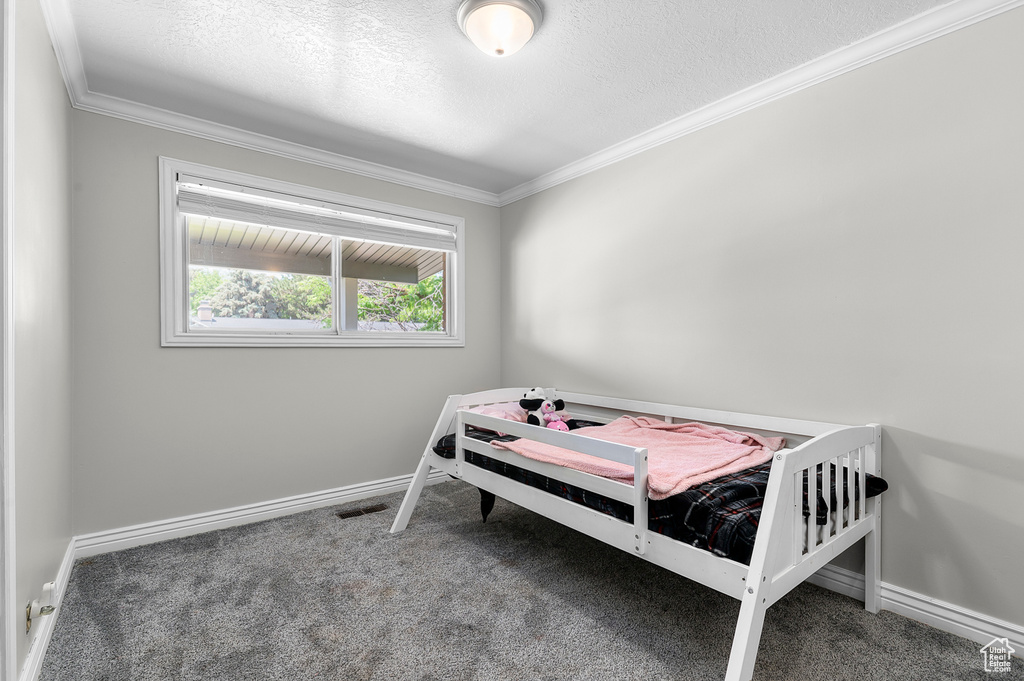 Carpeted bedroom featuring ornamental molding and a textured ceiling