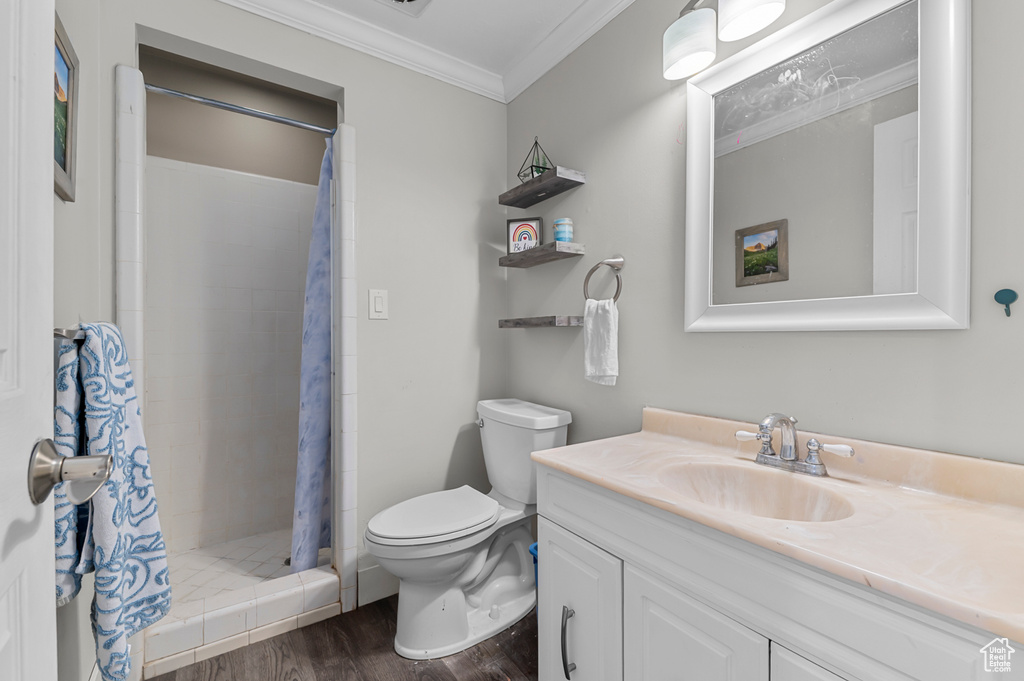 Bathroom with wood finished floors, crown molding, vanity, and a stall shower