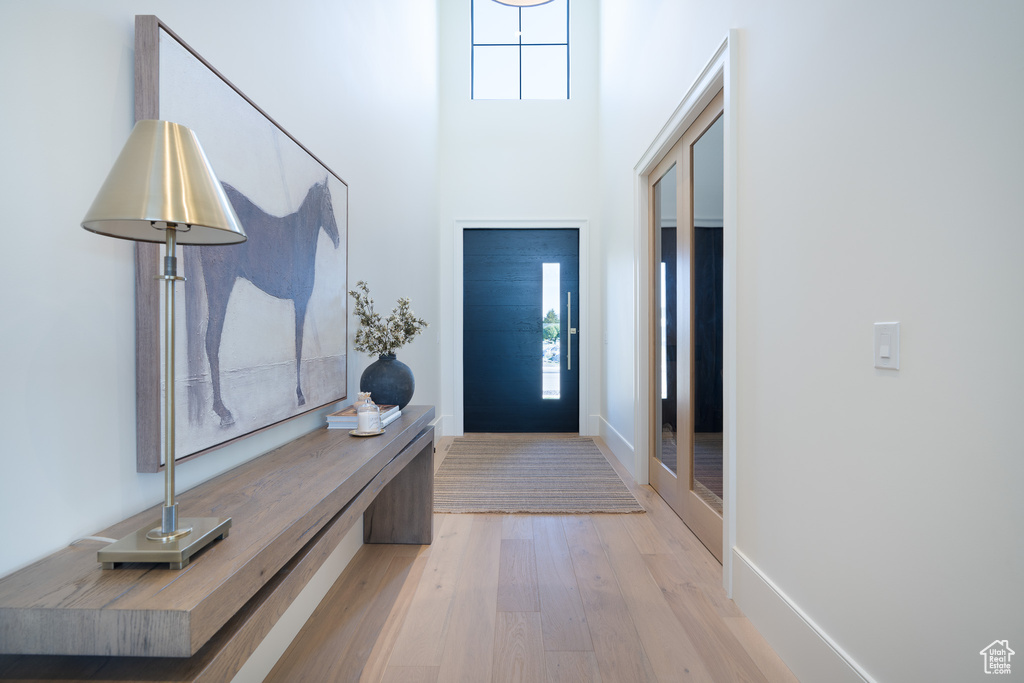 Entryway with wood finished floors and a high ceiling