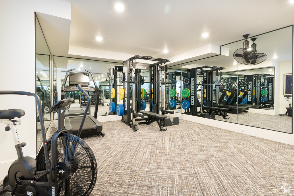 Exercise room featuring carpet flooring