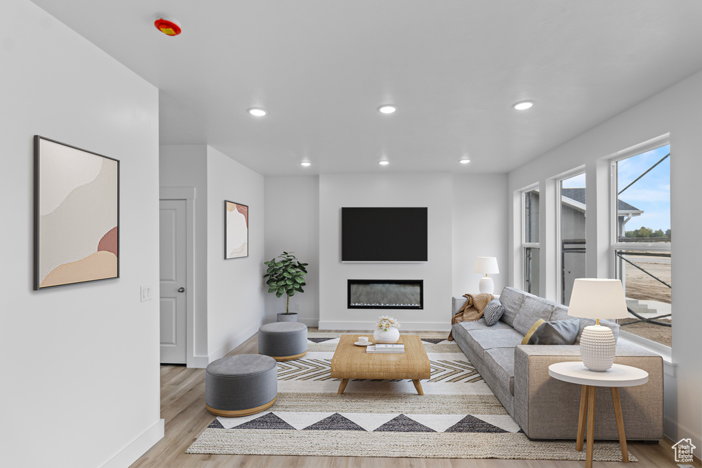 Living area with wood finished floors, recessed lighting, and a glass covered fireplace