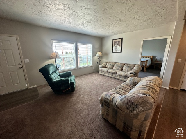 Carpeted living area featuring a textured ceiling