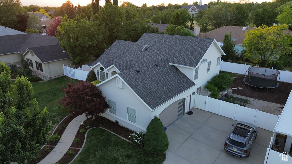 Aerial view at dusk of a residential view