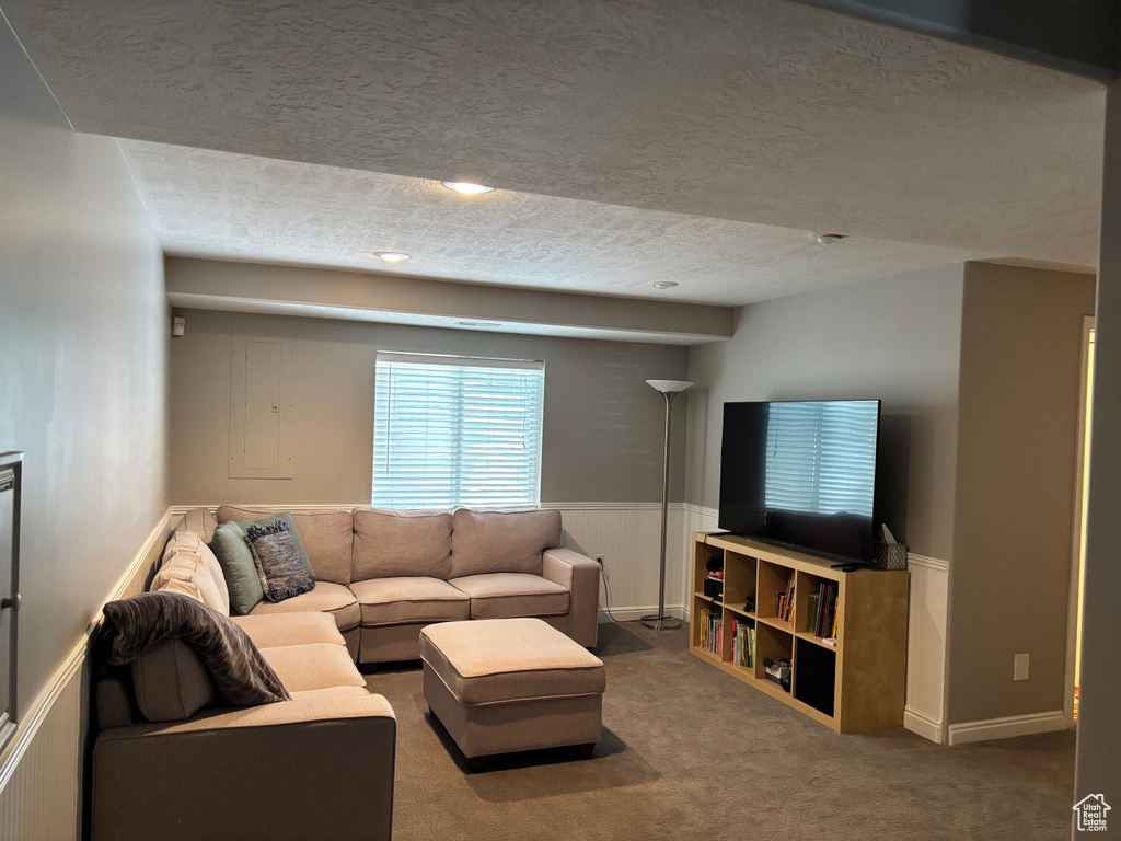 Carpeted living area with a textured ceiling and wainscoting