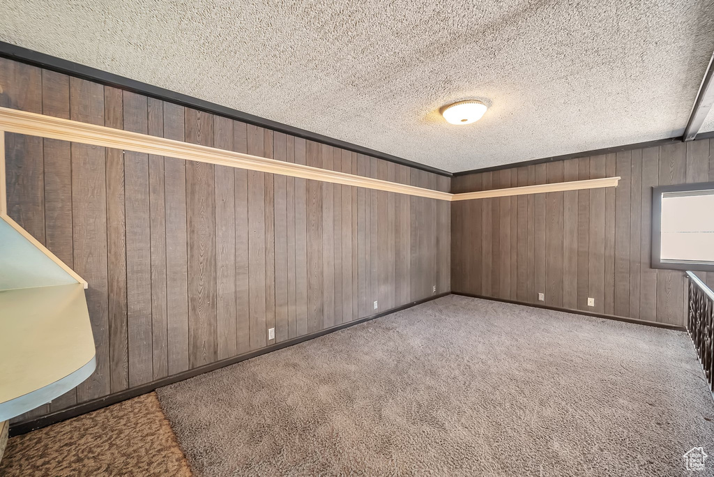 Unfurnished room featuring carpet floors, wood walls, and a textured ceiling