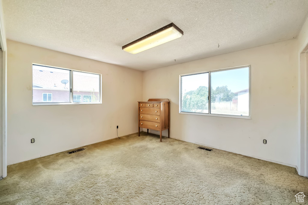 Unfurnished bedroom with carpet and a textured ceiling