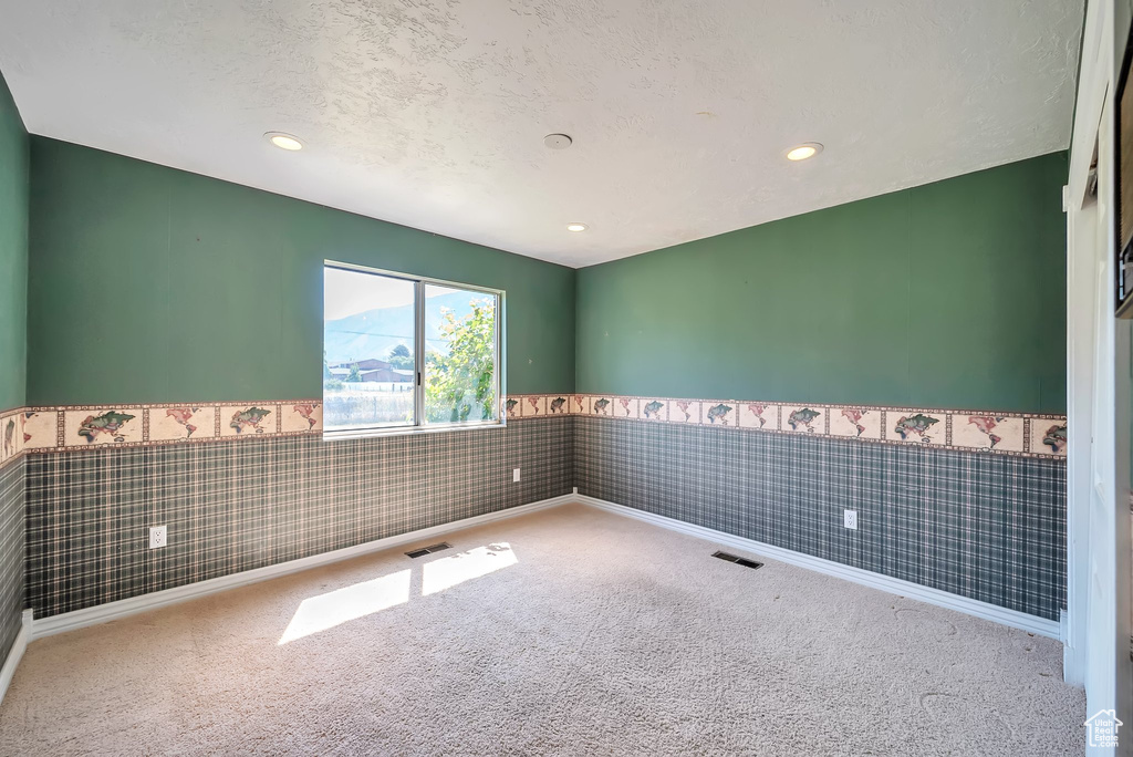 Unfurnished room featuring carpet, wainscoting, recessed lighting, and a textured ceiling
