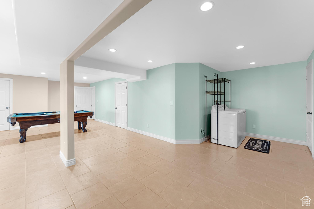 Rec room featuring recessed lighting, washer / dryer, billiards table, and light tile patterned flooring