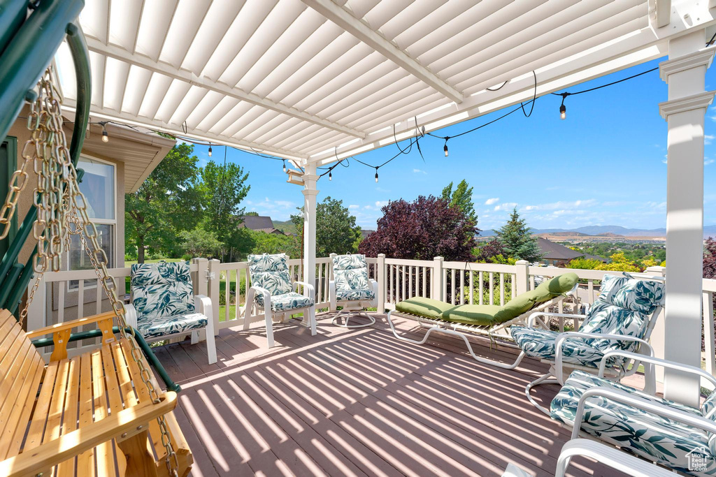View of patio with a mountain view